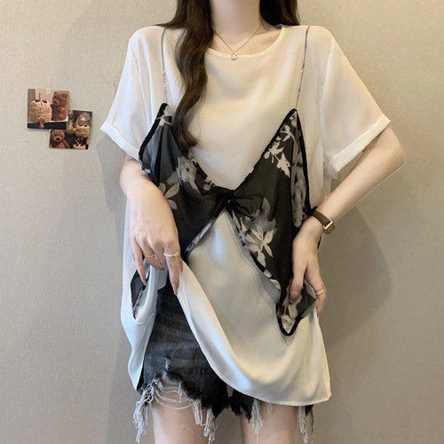 Fake two-piece chiffon short-sleeve T-shirt for women, summer, plus-size, loose-fitting, belly-covering, mid-length, oversized, stylish floral top