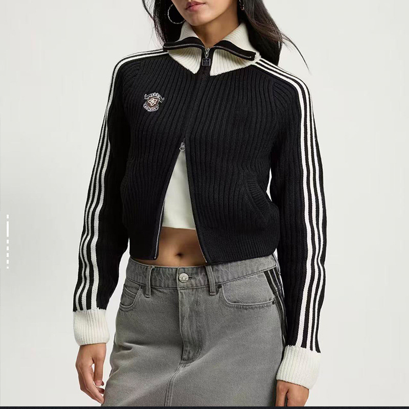 Adidas Trefoil 2026 Women's Knitted Stand Collar Three-Stripe Embroidered Short Casual Cardigan Jacket