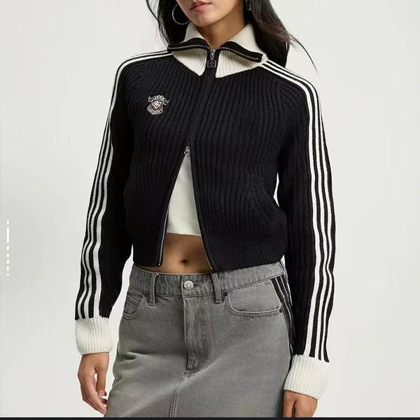 Adidas Trefoil 2026 Women's Knitted Stand Collar Three-Stripe Embroidered Short Casual Cardigan Jacket