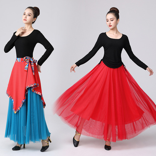 Fengti square dance clothing new three-piece suit drawstring top hidden dance waist apron mesh 720c degree long skirt