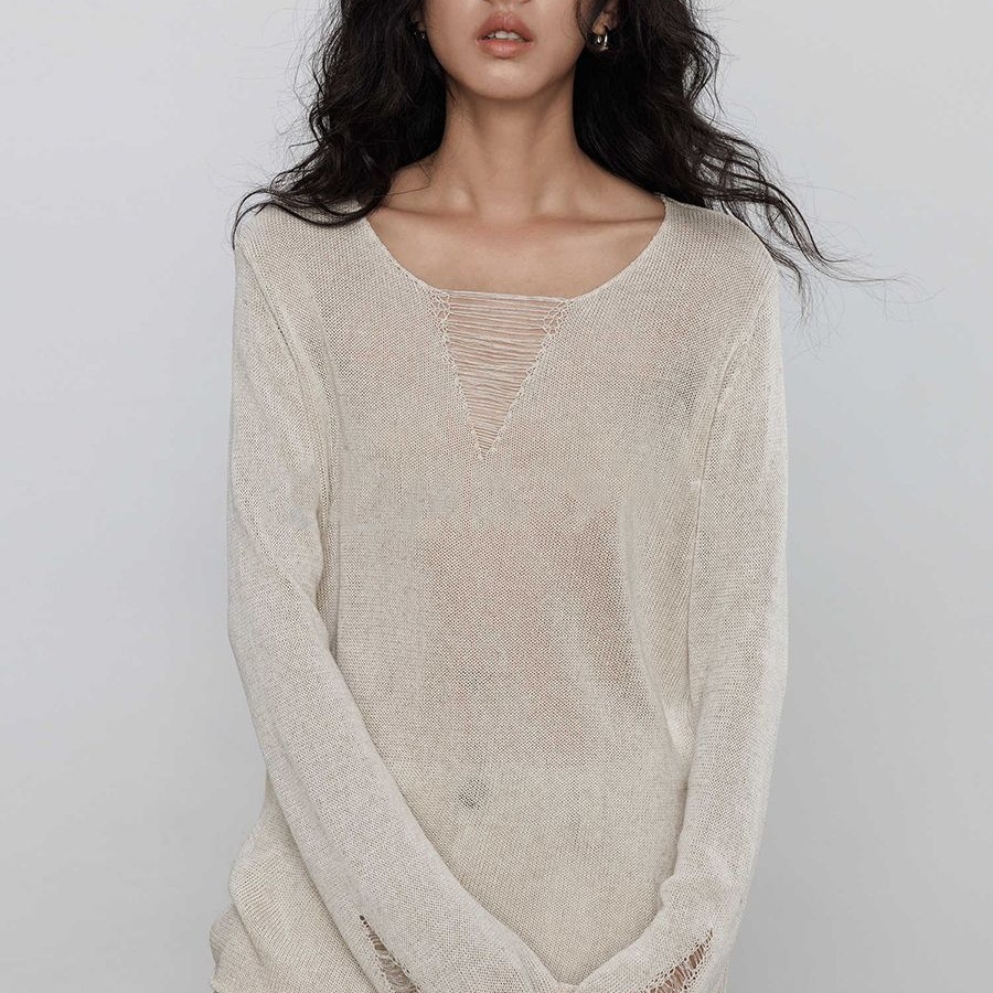 Stylish Ripped Loose-Fit Lazy-Style Top, Early Autumn 2026, Super Stylish and High-End, Heavy-Duty Long-Sleeve Knit Sweater for Women