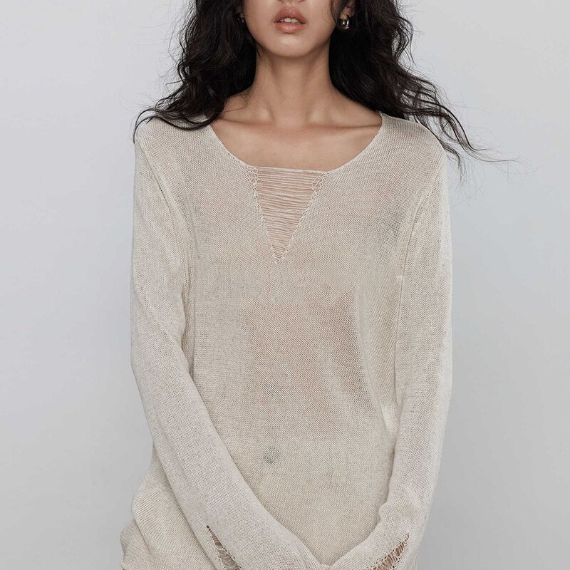 Stylish Ripped Loose-Fit Lazy-Style Top, Early Autumn 2026, Super Stylish and High-End, Heavy-Duty Long-Sleeve Knit Sweater for Women Stylish Ripped Loose-Fit Lazy-Style Top, Early Autumn 2026, Super Stylish and High-End, Heavy-Duty Long-Sleeve Knit Sweater for Women