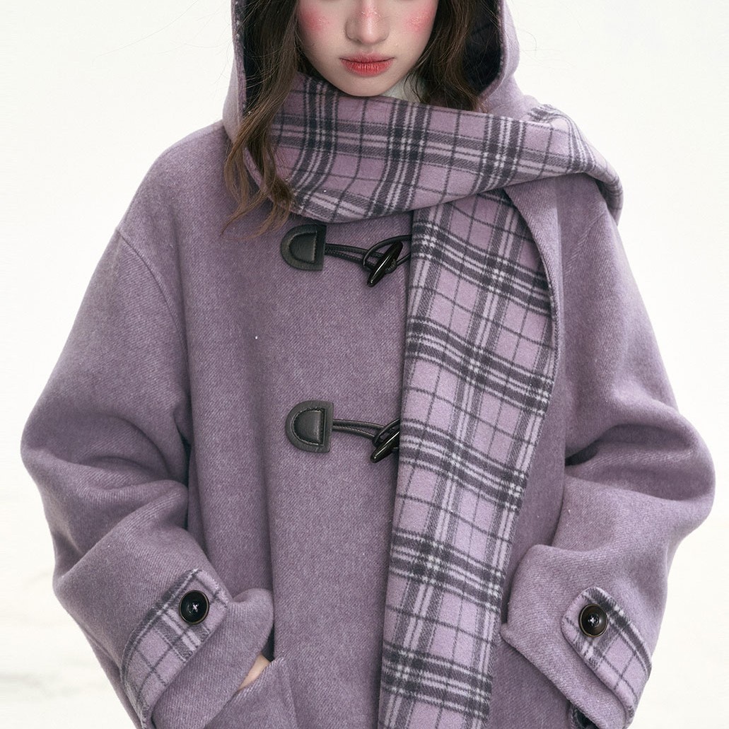 Canned Goods Store'Taro Milk Mist' Winter Purple Detachable Hat Double-Sided Wool Coat 70% Wool Outerwear