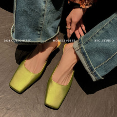 包頭穆勒鞋女中跟涼拖鞋新品絲綢羊皮復古粗跟外穿方頭涼拖鞋女鞋