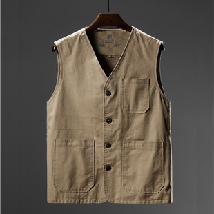Men's Plus Size Pure Cotton V Neck Vest Middle-Aged and Elderly Casual Fishing Vest Spring & Fall Work Uniform Export Dad Wear