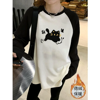 小个子秋冬德绒加厚chic宽松慵懒风卫衣女新款撞色中长款时尚上衣