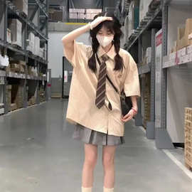 jk制服套装夏季条纹短袖衬衫女设计感小众休闲日系休闲学院风衬衣