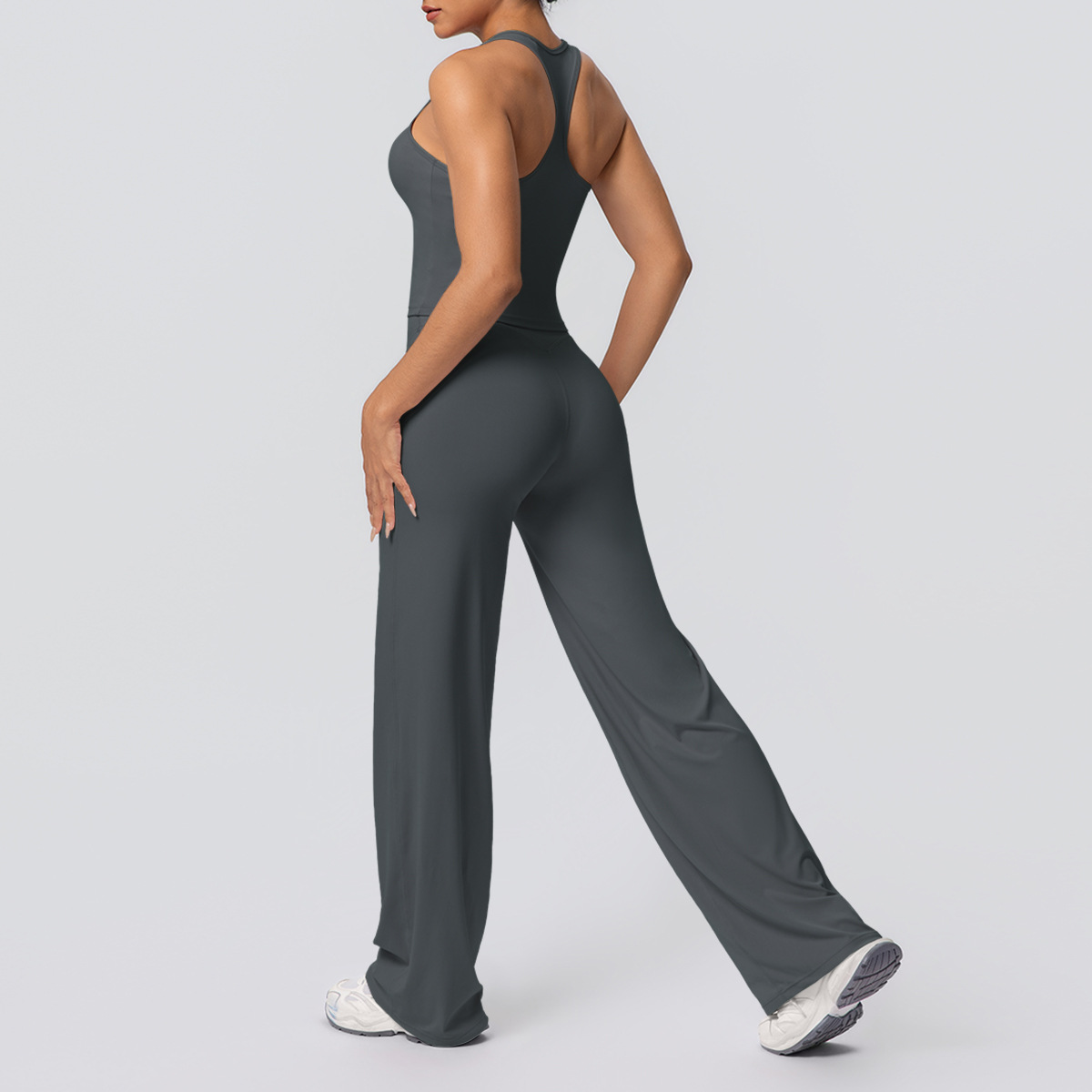 Cross-border Europa y América abrasiva color sólido ajustado I belleza de espalda juego deportivo de correr fitness yoga piernas anchas dos piezas