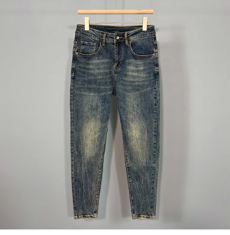Autumn And Summer New Korean-style Handsome Small-footed Jeans, Slim-fitting, Comfortable, Elastic, Washed And Old-fashioned Nine-point Pants_viptrois.com