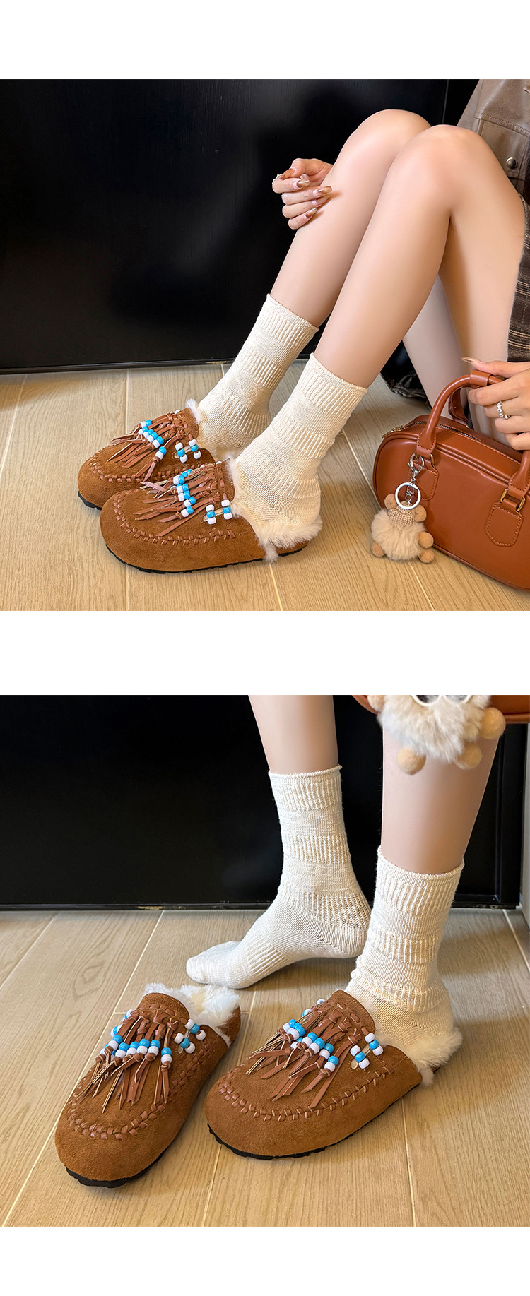 Guốc lười lông dày nữ mũi tròn kiểu Birkenstock có tua rua và hạt — màu nâu chi tiết 12