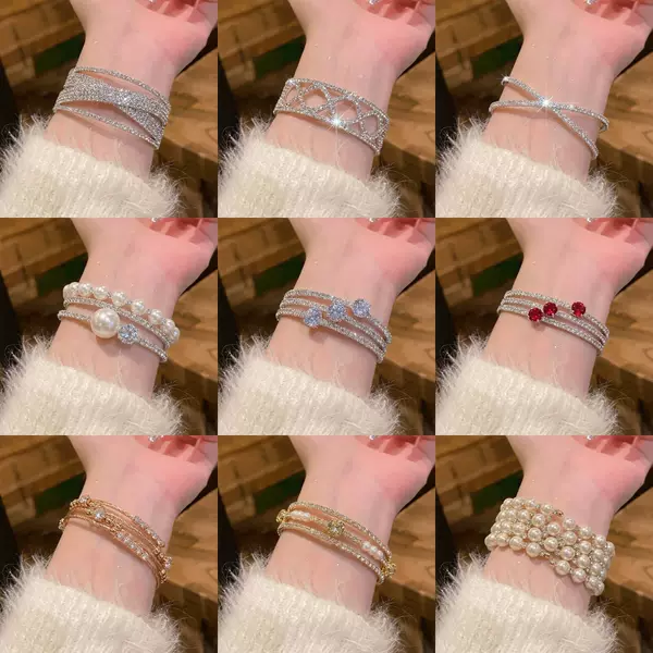 Super shiny multi-layer full-diamond open bracelet, light luxury pearl zirconia bracelet, niche high-end wrist accessory, versatile wristband