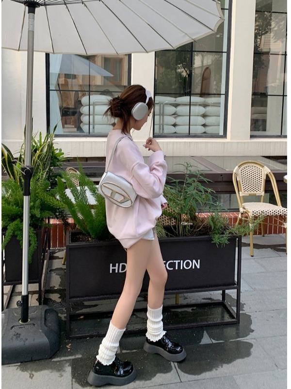 韩系漂亮粉色无帽卫衣女秋季新款宽松显瘦小众设计感正肩慵懒上衣|undefined
