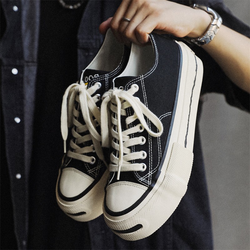 Japanese-Style Open-Toe Canvas Shoes for Men, Summer Niche Design, Thick-Soled Black Casual Sneakers, Low-Top Cloth Shoes for Men
