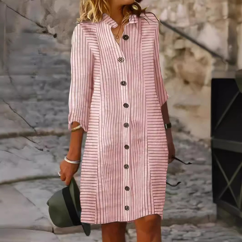 2024 new cross-border foreign trade Europe and the United States women's spring and autumn Amazon large stripe button striped shirt dress
