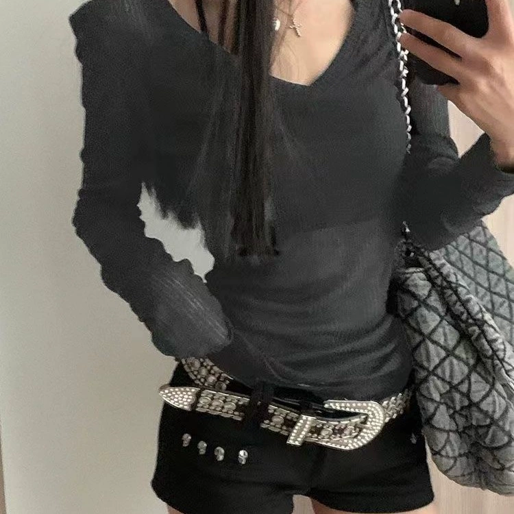 Knitted T-shirt, thin long-sleeve, sun protection, V-neckline, internet celebrity