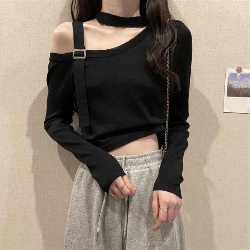 Niche Chic Short Spice Girls Solid Color Shoulder Long-sleeved T-shirt Women's Elegant Slim-fit Slimming Trendy All-match ins Top Niche Chic Short Spice Girls Solid Color Shoulder Long-sleeved T-shirt Women's Elegant Slim-fit Slimming Trendy All-match ins Top
