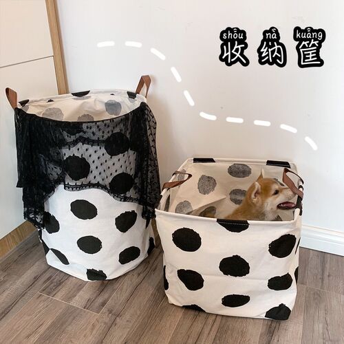 Korean style ins simple polka dot dirty clothes basket Nordic fabric cotton and linen waterproof large storage bucket folding sundries basket for home use