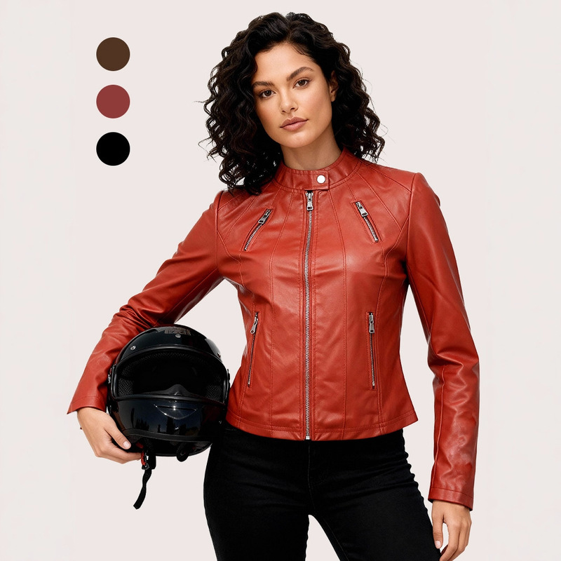 Cross-Border European and American Amazon Washed One-Piece Leather Jacket for Women Spring and Autumn New Motorcycle Pu Leather Motorcycle Leather Jacket for Women