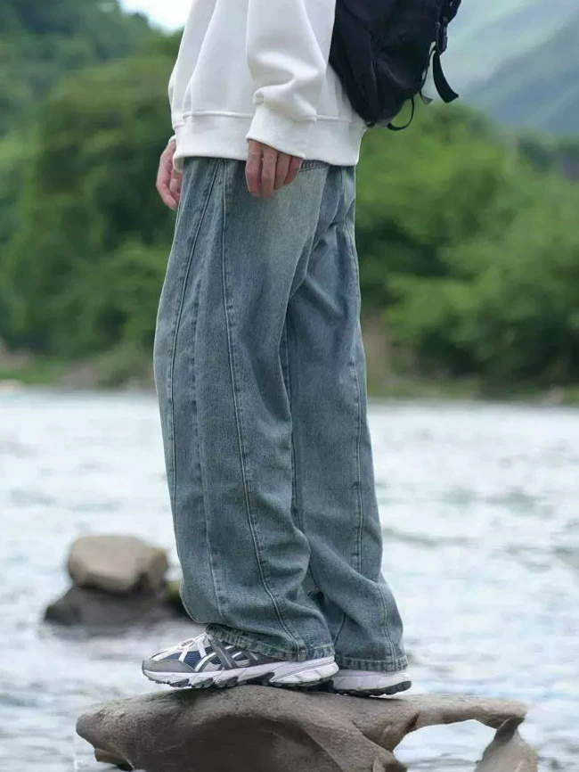 Gaojie осень новый национальный прилив свободные джинсы Японский ретро-аркада стирает дикие прямые приливные длинные брюки