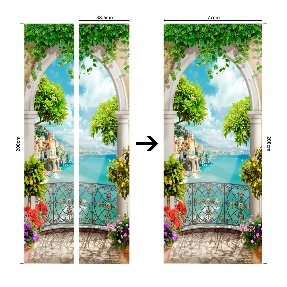 Pegatinas para puertas 3D respetuosas con el medio ambiente, autoadhesivos, fabricantes de origen al por mayor, patrones populares transfronterizos de alta definición, adhesivos para puertas impermeables, a prueba de aceite y antiincrustantes