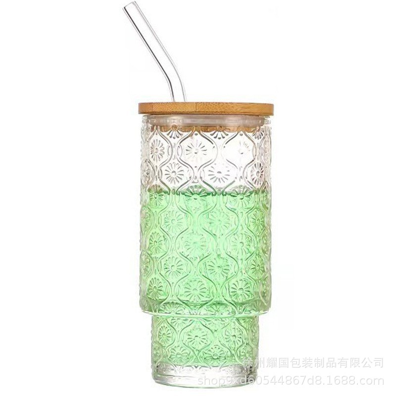 Exportación Amazon 11oz taza apilada de vidrio taza de bambú de patrón vertical transparente taza de sorbete de bebida de gran diámetro taza de jugo