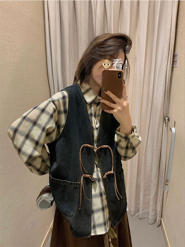 法式复古设计感小众牛仔坎肩女学生早秋款外穿衬衫新款三件套装|undefined