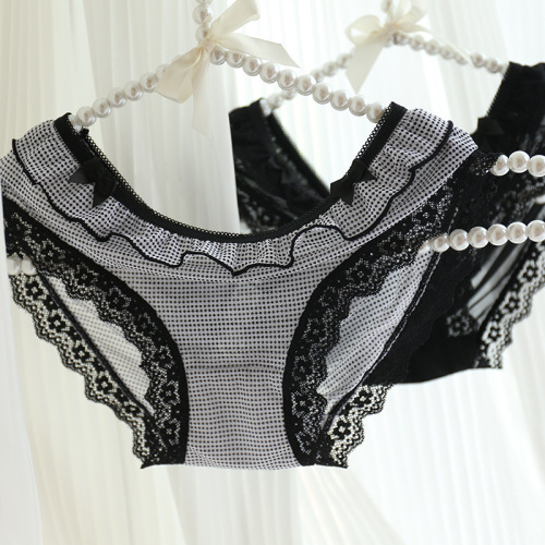 A36 mesh transparent breathable briefs women's underwear lace embroidery large bow low waist ruffle sexy