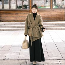 2024秋冬新款绑带设计卡其色中长款毛呢大衣外套女显瘦半身裙套装