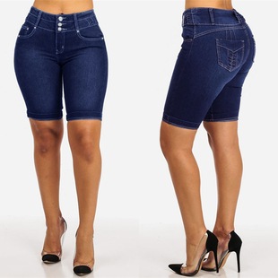 New Cross-Border Foreign Trade Amazon Independent Station Denim Shorts Women's Buttoned Five-Quarter Pants Slim Slimming Mid-Pants Hot Pants