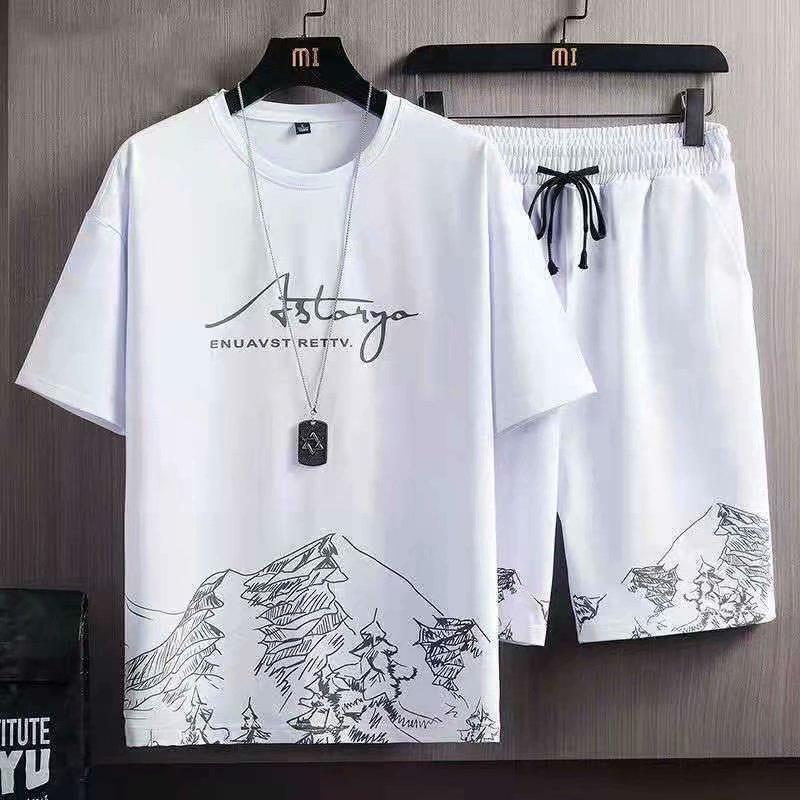 Men's Short-Sleeved Ningli T-Shirt Top 2023 Summer Fashion Trendy Brand Casual Thin Shorts Set Men's Breathable