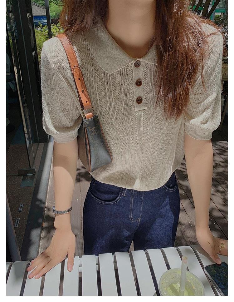 博主风 法式松弛感气质polo翻领短袖针织衫宽松显瘦上衣23夏代发-阿里巴巴