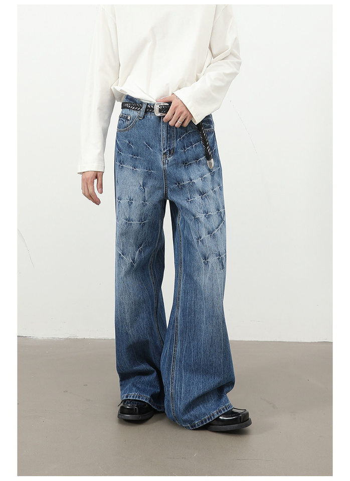 Quần jeans nam dáng rộng ống thẳng họa tiết sét chất liệu washed phong cách đường phố — màu xanh, màu xám đen chi tiết 19