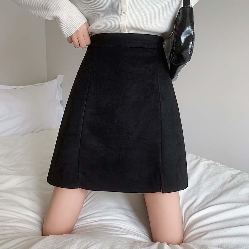 GraceChic GraceChic GraceChic 2023 Autumn Winter High Waist Split Suede Velvet Midi Plus Size Slimming A-line Bodycon Versatile Black Short Skirt_voghion.com