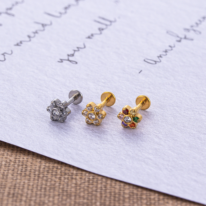 Fashion Flower Stainless Steel Plating Inlay Zircon lip stud 1 Piece