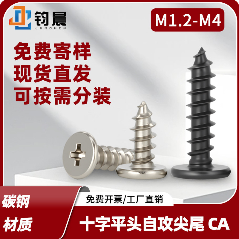 Factory Direct Sales Ca Iron-Nickel Cross Flat Head Self-Tapping Screws M1.2-M4 Iron Black Thin Flat Head Pointed Tail Screws