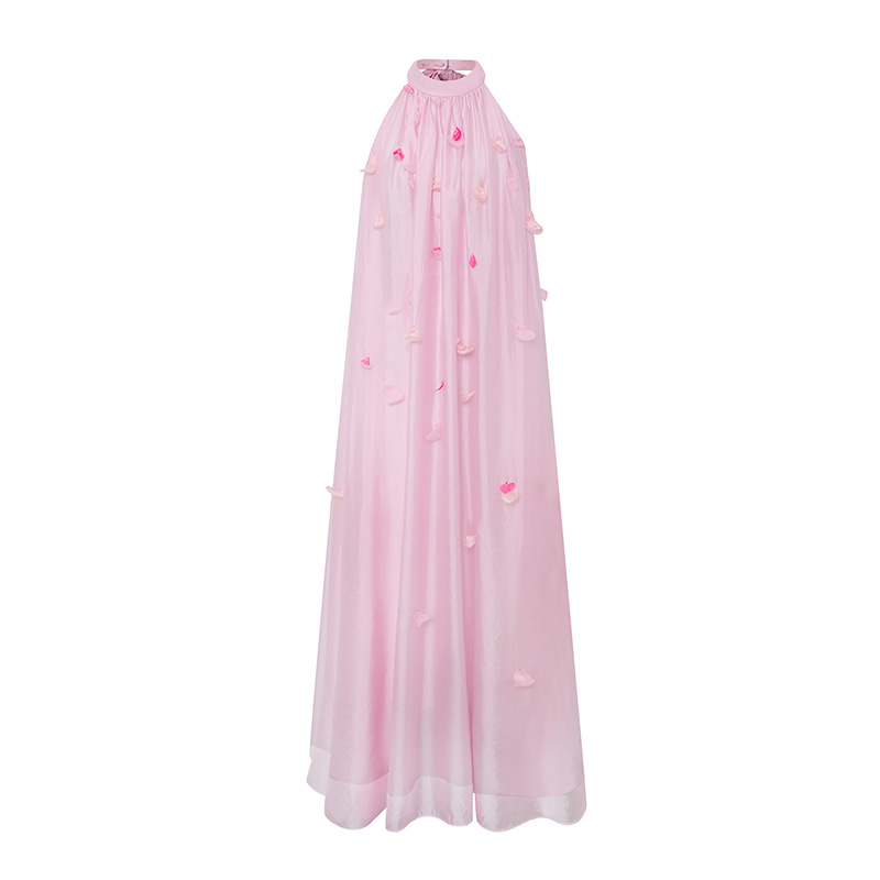 Colgar el cuello Fairy Qi túnica de la mañana 2026 nueva moda de niñas sin mangas pétalos rosa simple vestido de compromiso de moda