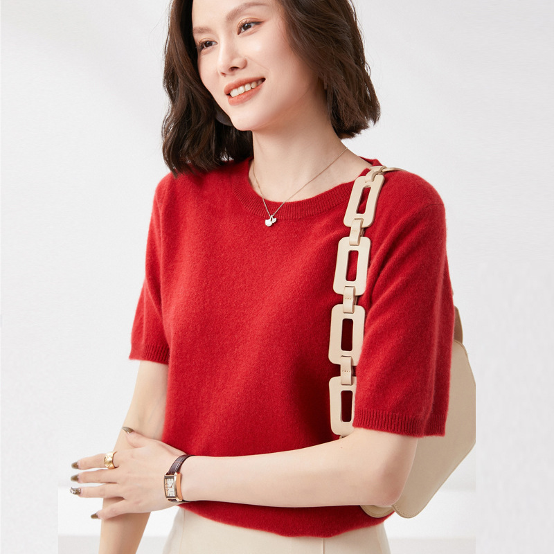 Crewneck Woolen Sweater Women's Crewneck Short-sleeved Base Shirt 2024 Spring New Pullover Thin Knitted Half-sleeved Sweater Crewneck Woolen Sweater Women's Crewneck Short-sleeved Base Shirt 2024 Spring New Pullover Thin Knitted Half-sleeved Sweater