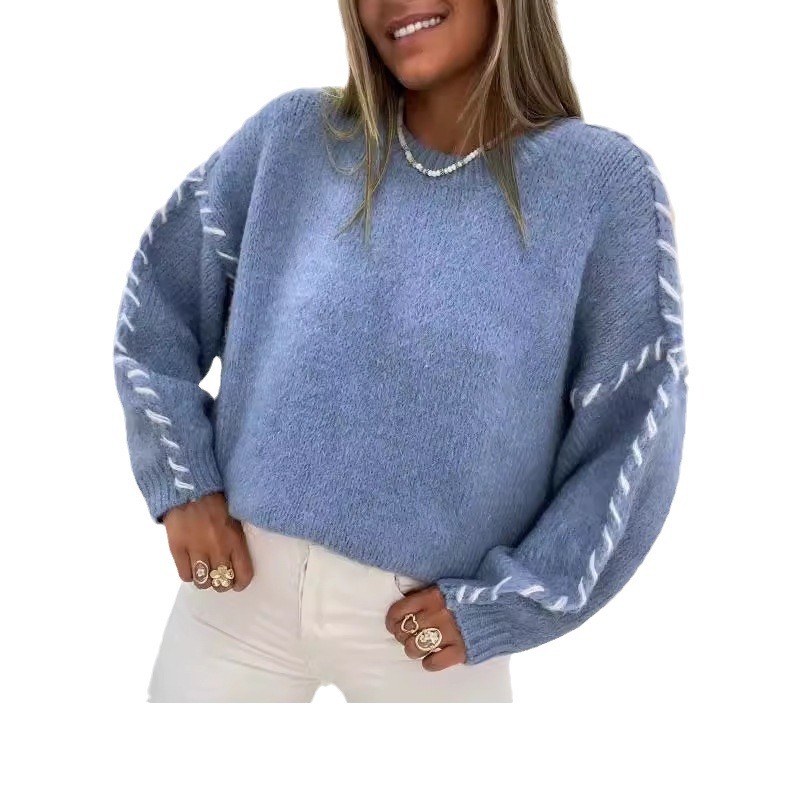 Women's Clothing sweater autumn and winter new round neck line pullover knitted sweater top_voghion.com