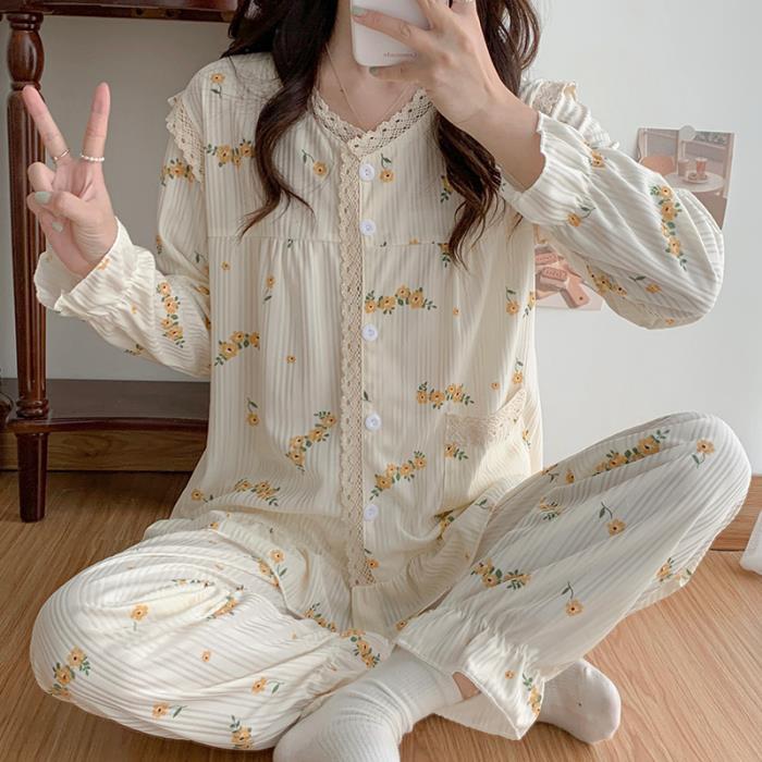 Pijamas de Manga Larga para Otoño e Invierno con Relleno en el Pecho para Mujer, Estilo Coreano 2025, Lindo Traje con Flores Pequeñas, Ropa de Dormir para Estudiantes