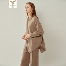 鄂尔多斯市产100纯山羊绒开衫女翻领衬衫宽松针织衫外套女polo衫