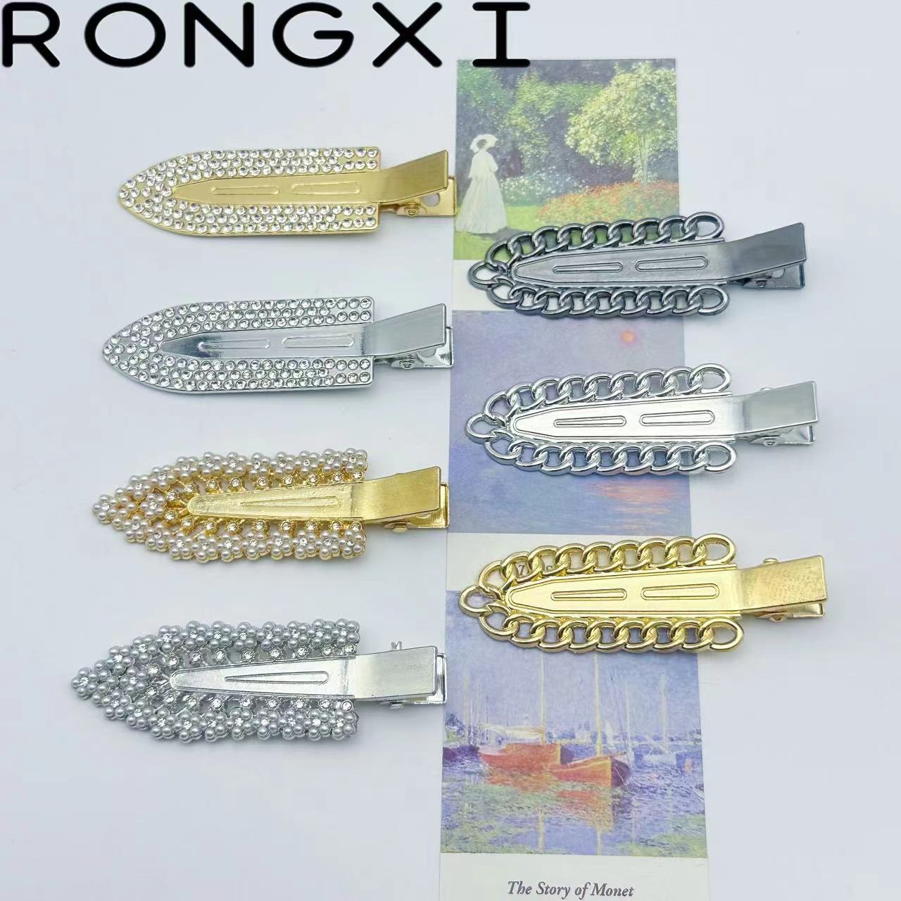 6公分新款水钻尖刀无痕发夹链条排钻珍珠侧边夹发夹精致刘海夹