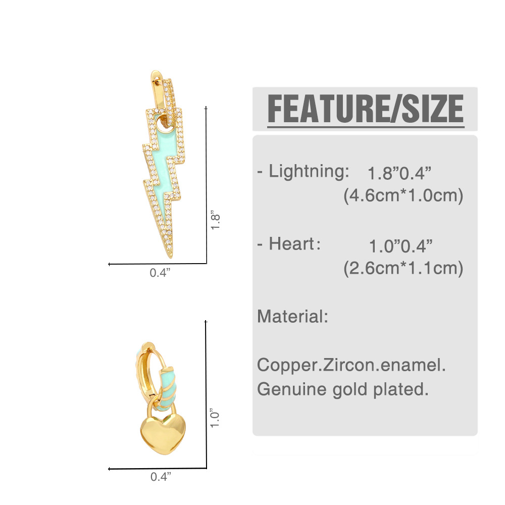 fashion long lightning heart drop oil copper 18K gold-plated inlaid zircon earrings