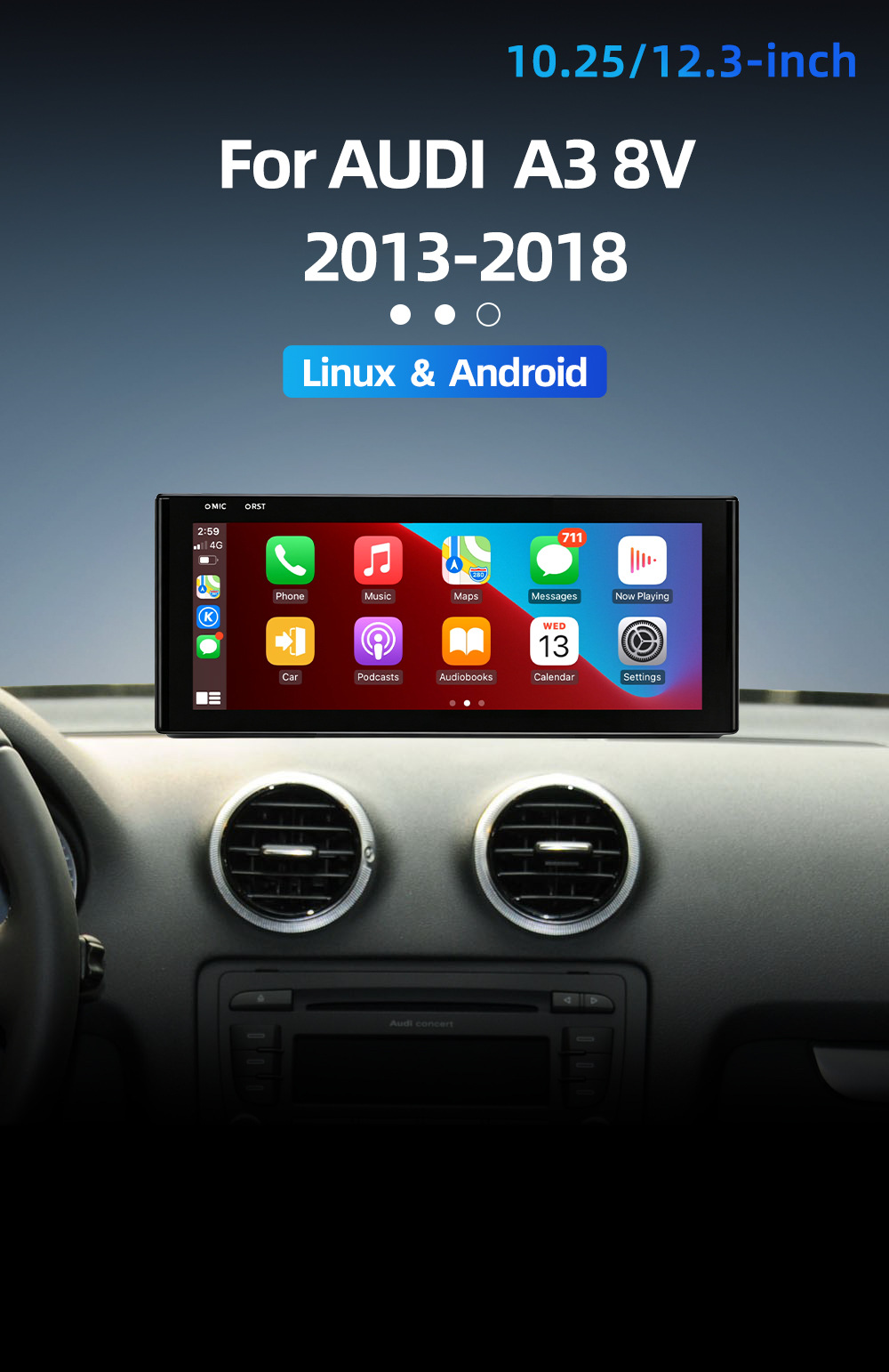 Car-mounted central control large screen suitable for Audi A3 8V 2013-2018, Android navigation, Bluetooth, wireless Carplay