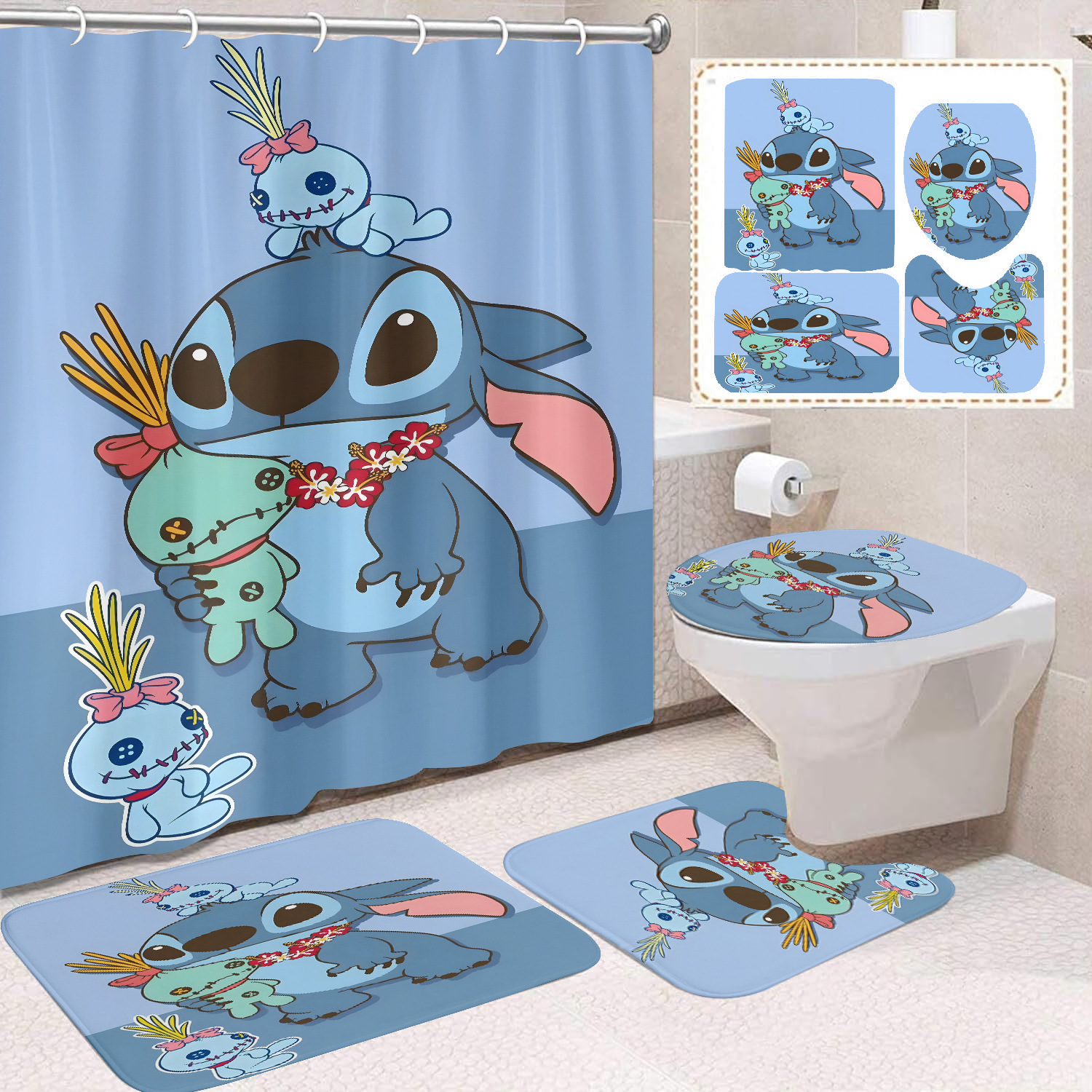 Venta directa de fábrica lindo baño de dibujos animados de cuatro piezas cortina de ducha impermeable cortina de ducha sin perforación cortina de partición de baño de baño