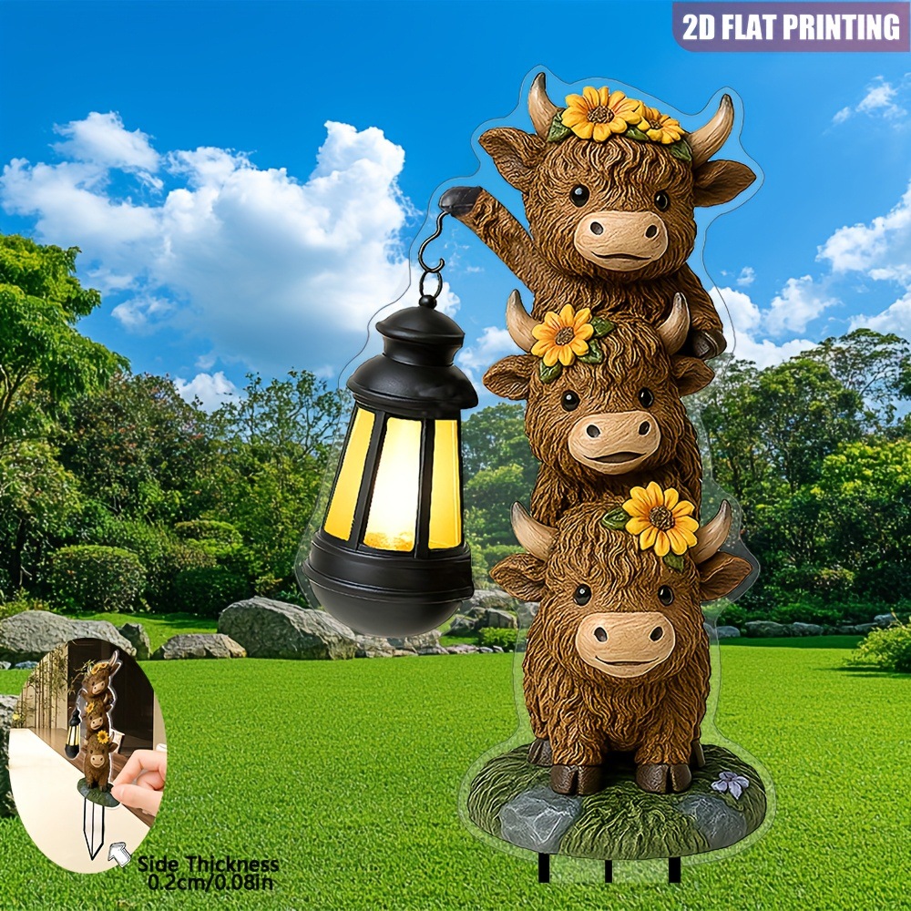 跨境亚马逊2D平面亚克力花园花盆装饰品地插高地牛雕塑花园插牌