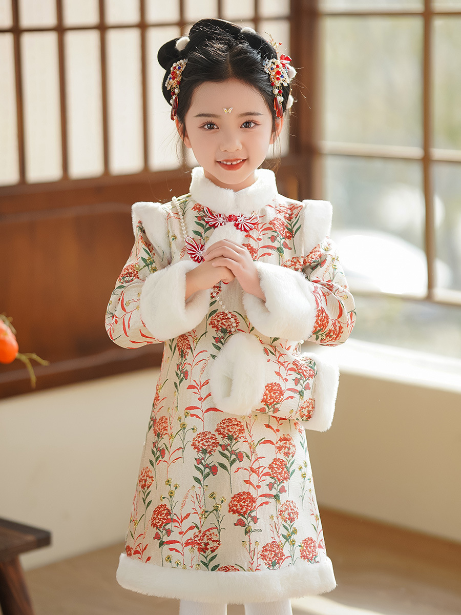 女童旗袍连衣裙冬季儿童中国风唐装古装公主裙女宝宝加绒冬装裙子