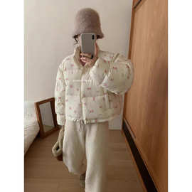 立领韩系碎花短款羽绒服女2025冬季新款白鸭绒面包服外套