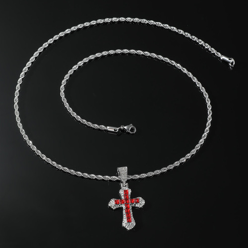 Trendy European and American Men's Full-Diamond Cross Necklace, Men's Stainless Steel Twisted Chain, Stylish Hip-Hop Long Sweater Chain Jewelry
