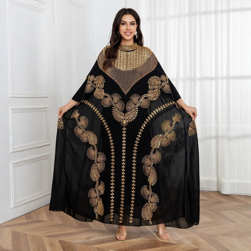 Sequin Beaded Dress Ethnic Clothing Robe Fashionable Elegant High-Neck Mesh Pullover Long Dress Amazon Cross-Border