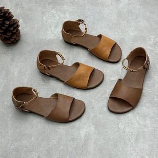 Artistic Handmade Genuine Leather Strap Sandals 24 Summer New Flat Open Toe Versatile Soft Cowhide Women's Sandals